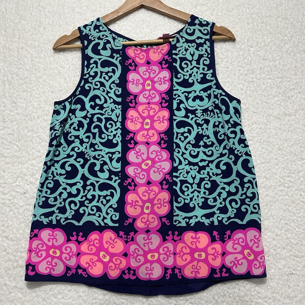 LILLY PULITZER Iona Fountain‎ Hopping 100% SILK TOP ButtonUp Back Size Small